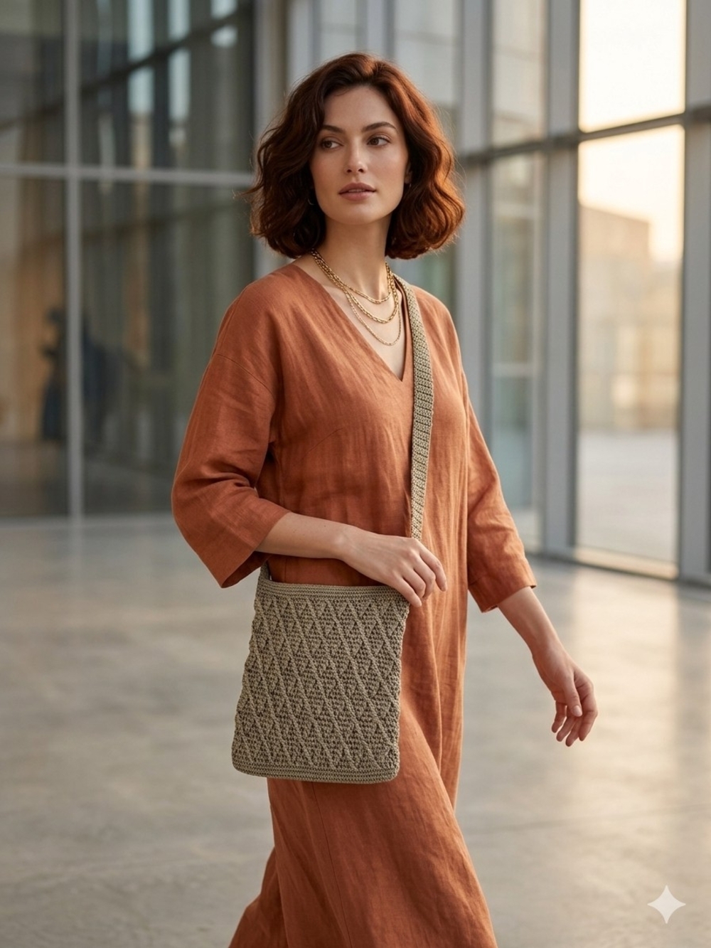 Vintage Crochet Macrame Crossbody Bag Neutral Color